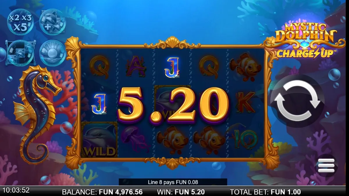Interface do jogo Mystic Dolphin Charge Up com golfinhos e elementos marinhos