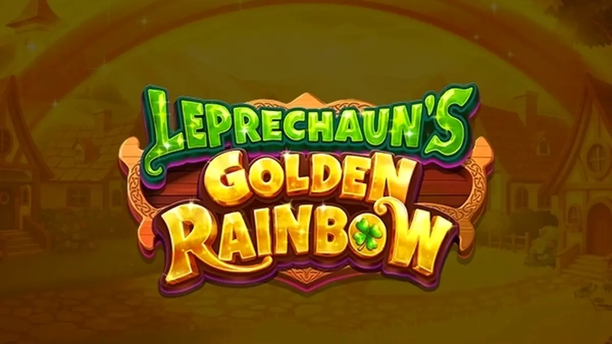Captura de tela do jogo Leprechaun's Golden Rainbow, mostrando um duende sorridente em um cenário pixelado com potes de ouro e um arco-íris.