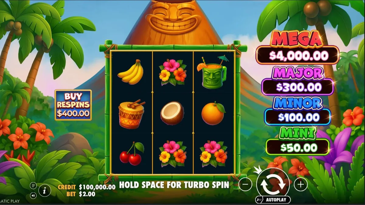 Interface do slot Super Tiki Strike com tema tropical
